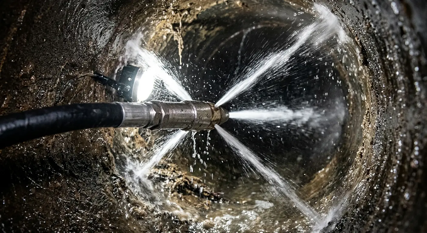 High-pressure hydro jetting nozzle cleaning sewer pipe for Emergency Drain Service in Sawmills