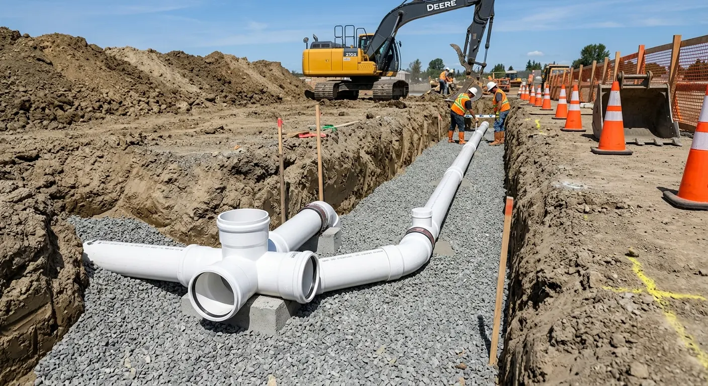 New PVC sewer pipe installation in open trench for Grease Trap Cleaning in Sawmills