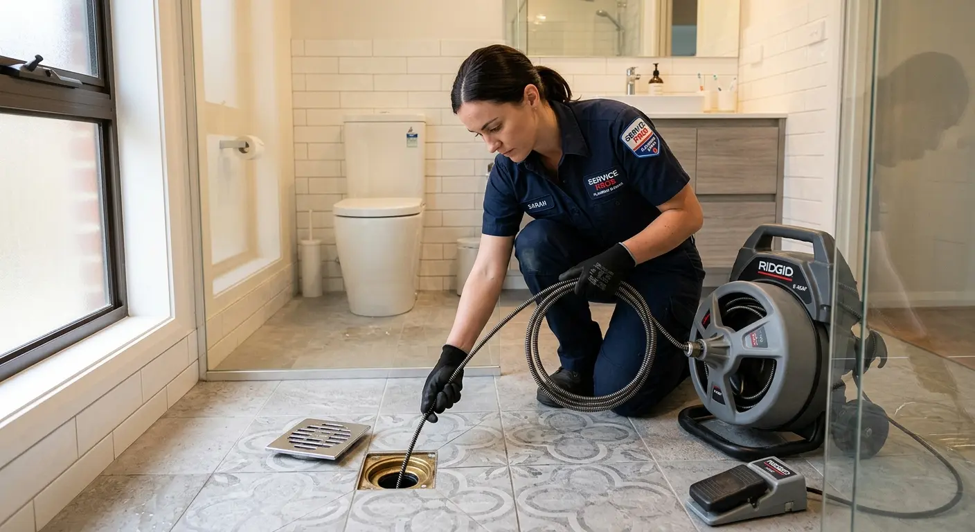 Technician clearing a bathroom floor drain for Drain Cleaning in Sawmills